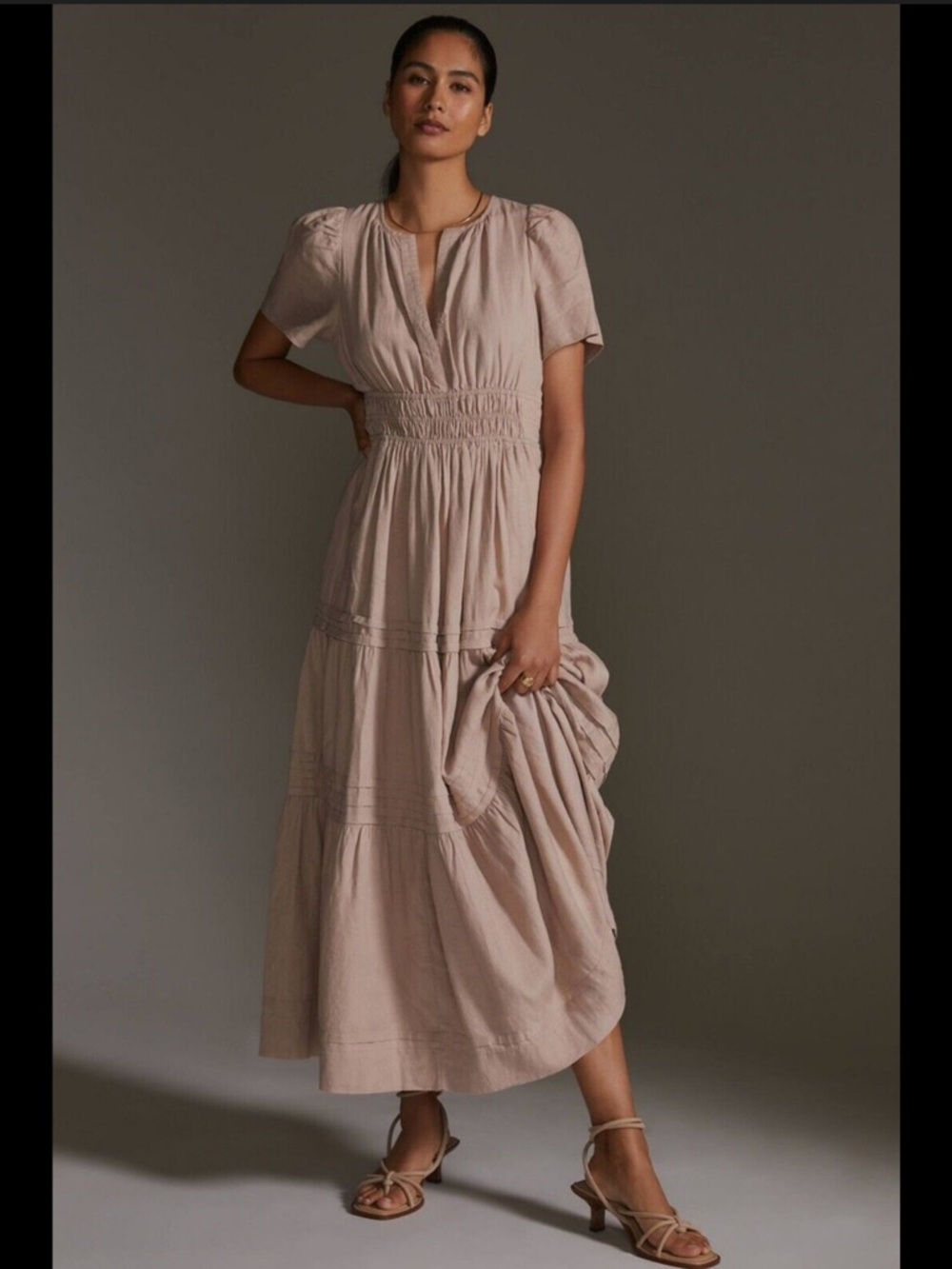 Anthropologie The Somerset Maxi Dress Linen Edition Tiered Biege Tan Size XL